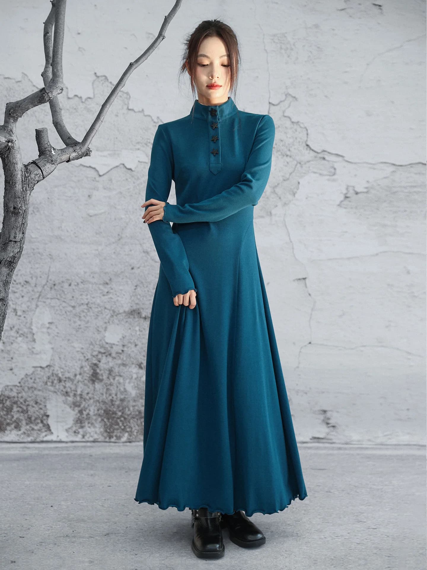 Blue Elastic Knitted Dress Women's Vintage Style Two-Way Wear High Collar Long Dress Cotton Polyester Blend Comfortable Breat...