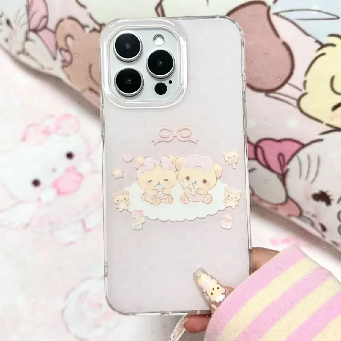 Custodia per telefono coreana con orsetto cartone animato, fiocco rosa, anti-graffio, stile Y2K, per iPhone 17 Air 16 15 14 13 12 11 Pro Max Plus