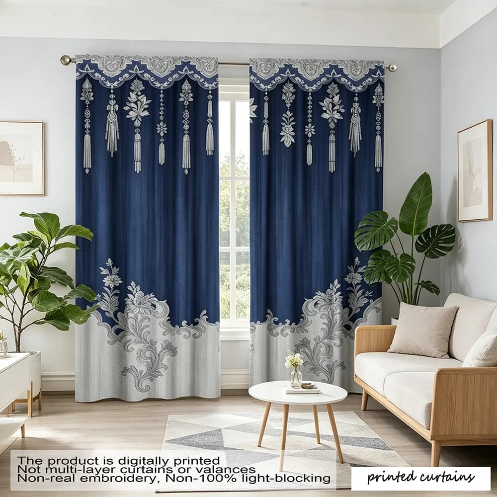 A set of 2-piece floral fringe semi blackout printed curtains with blue print design, suitable for pole hanging, perfect for bed