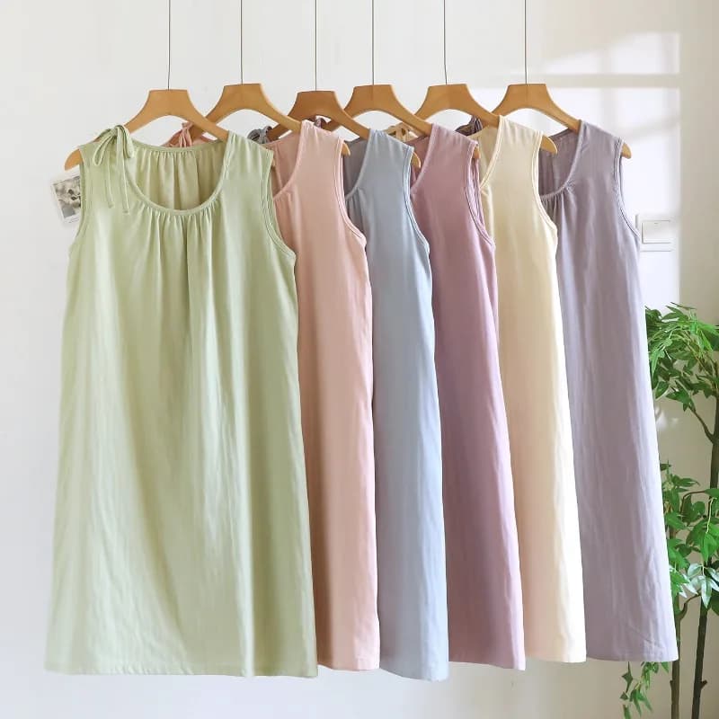 2026 Summer New Women's Sleeping Skirt 100% Cotton Double Layer Gauze Simple Solid Color Hooded Thin Sleeveless Vest Home Skirt
