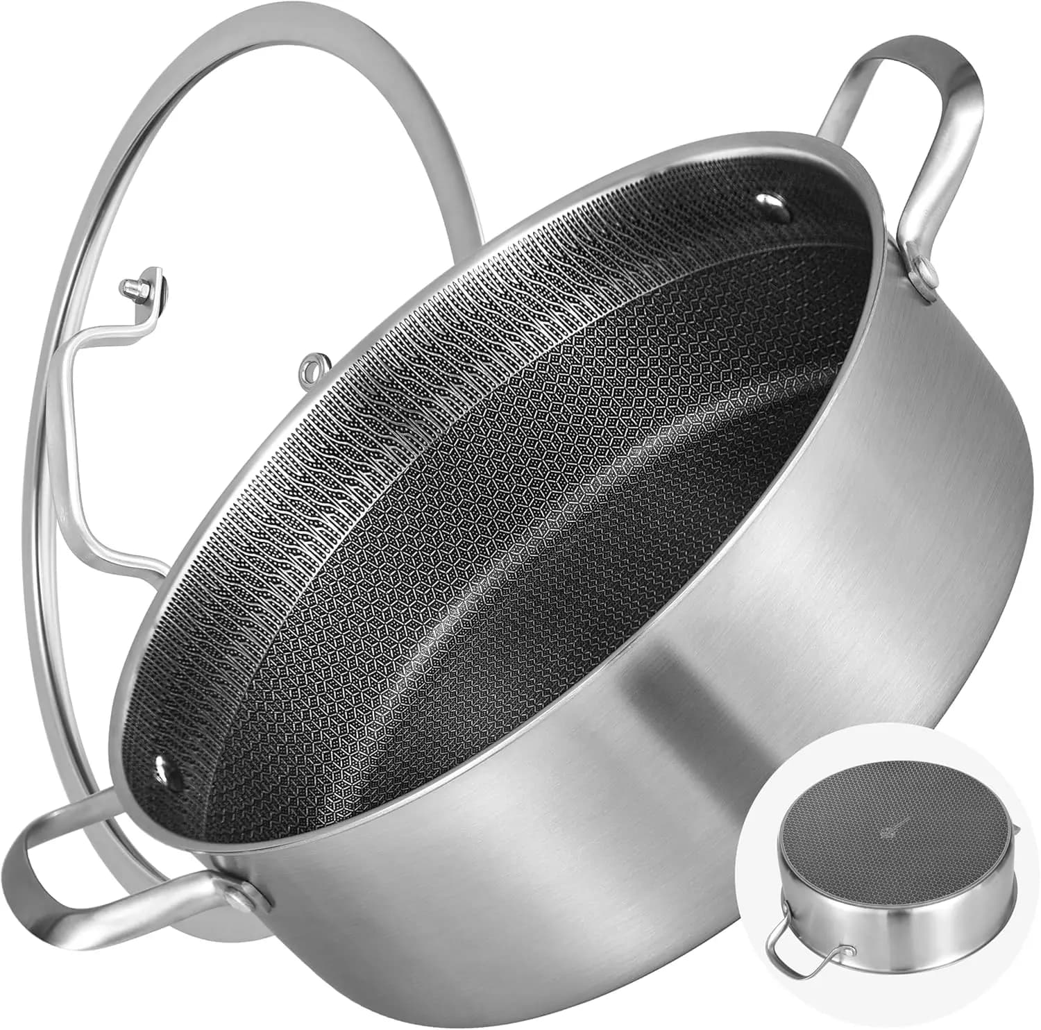 7 QT Stainless Steel Tri-Ply Non-stick pan with Cover, 12-inch Deep Plate, Compatible with Induction