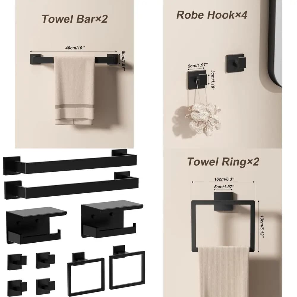 Set di accessori da bagno in acciaio inossidabile nero opaco da 10 pezzi: portasciugamani, porta carta igienica, anelli, ganci