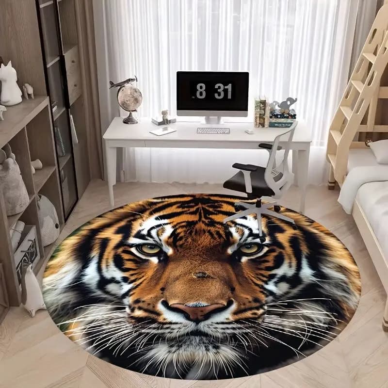 VIKAMA 3D Tiger Head Round Rug Non Slip Sound Absorbing Living Room Gaming Chair Mat Home Decor