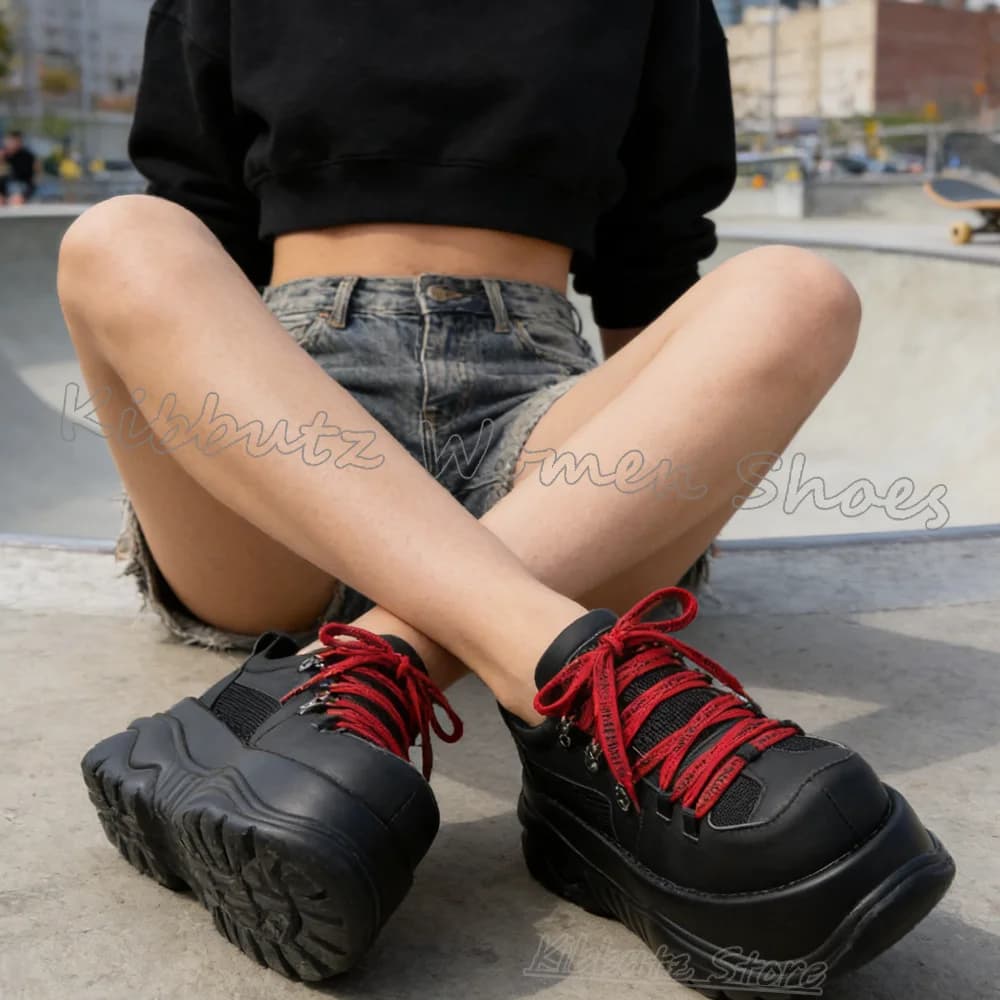 Lace-Up Sneaker Pumps Platform Leather Women Shoes Mixed Color Round Toe Thick Bottom Fashion Luxury Elegant Concise Novelty New