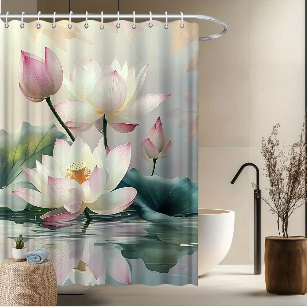 Tenda da doccia con fiori di loto - Fiori e foglie di loto acquerello, poliestere resistente allo sbiadimento, lavabile in lavatrice, elegante arredamento per il bagno