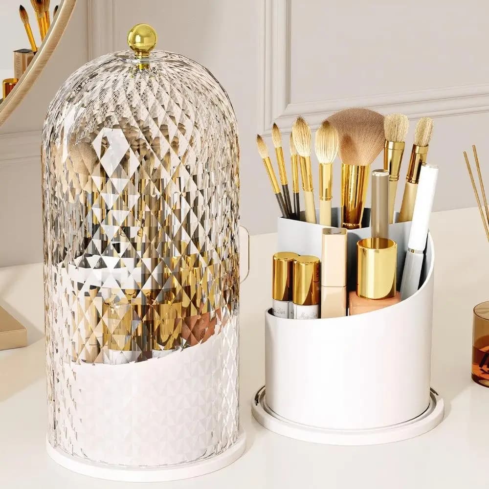 Makeup Brush Holder with Lid, 360 Rotating Organizer | Waterproof, Dustproof, Easy-Clean for Desk, Bathroom Countertop, Vanity,