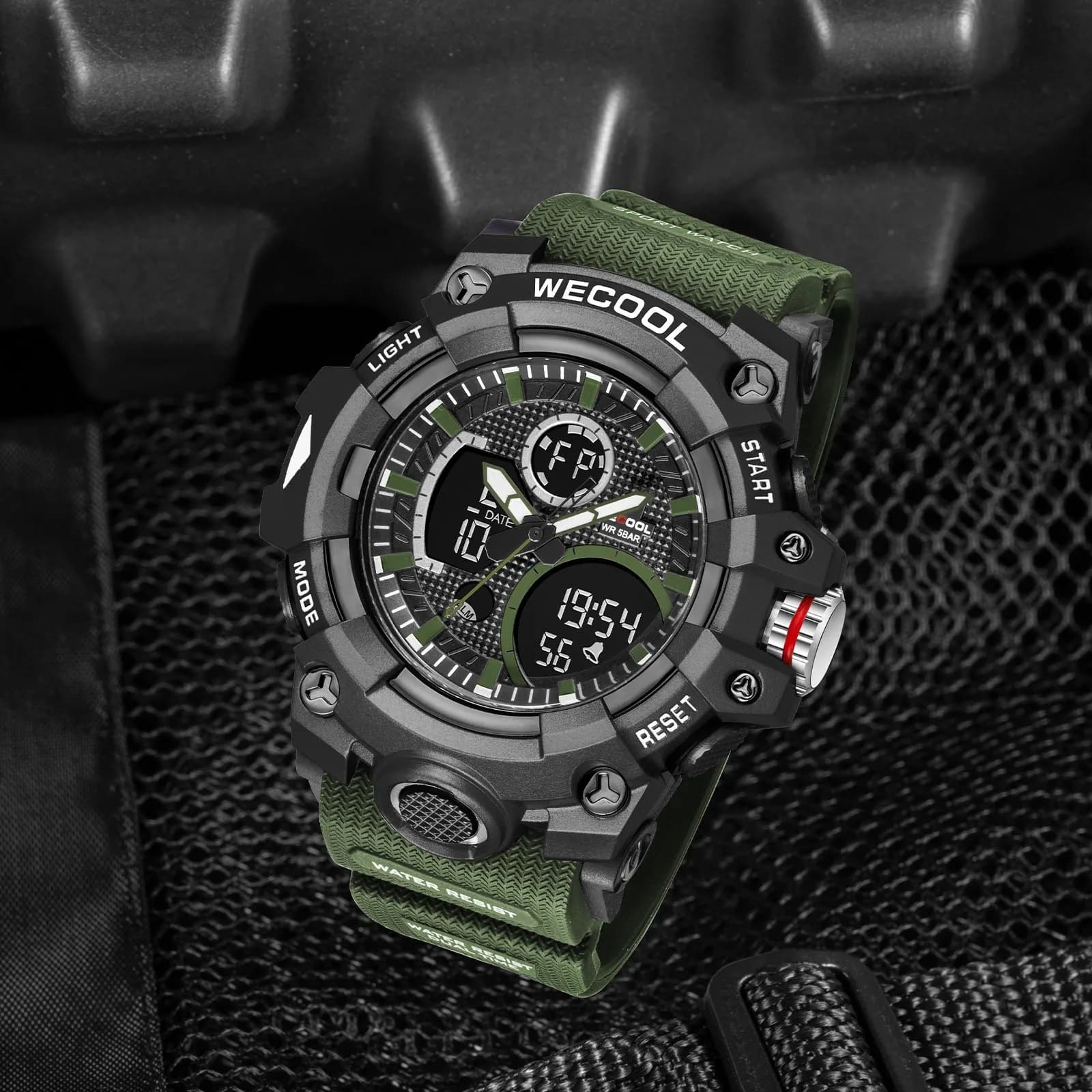 WECOOL Brand Dual Display W-821 50M Waterproof Backlight Alarm Clock Week Automatic Date Wrist Watch Men's Sports Quartz Watch