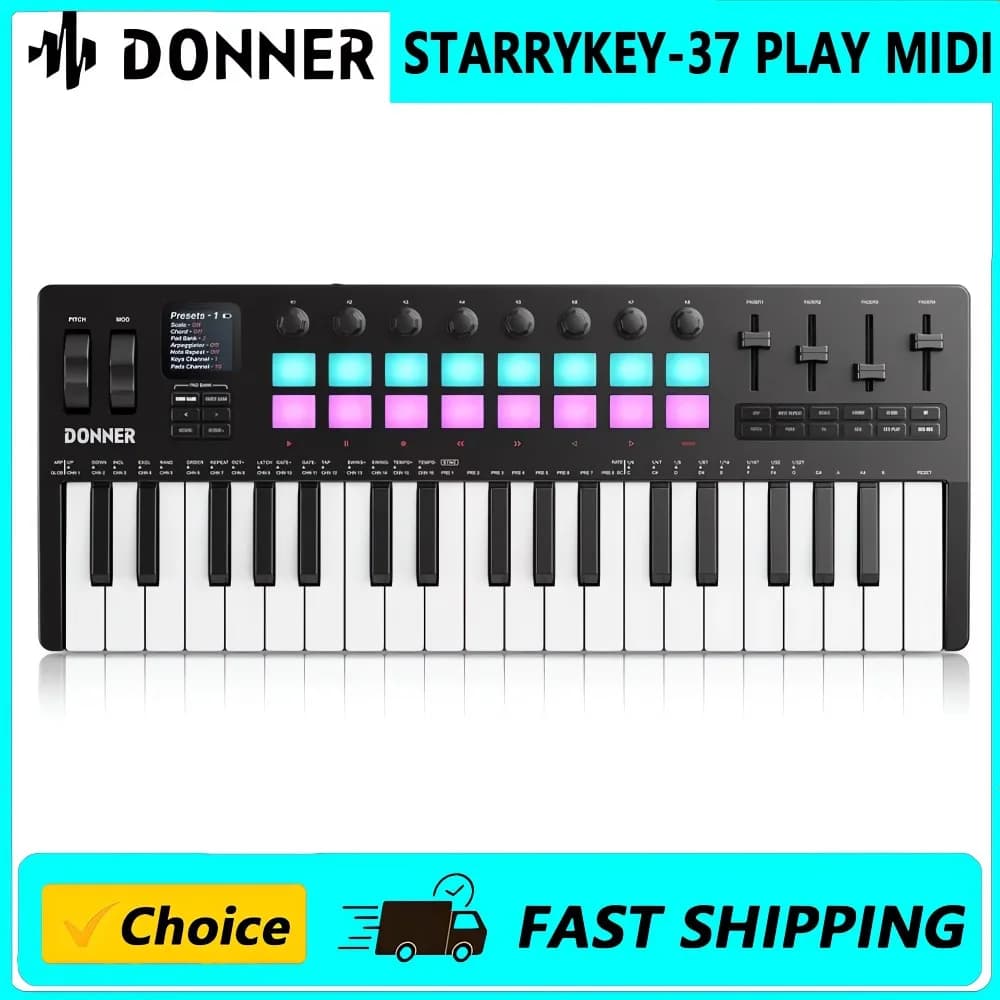 Donner STARRYKEY-37 PLAY Tastiera MIDI Controller, Controller MIDI Portatile a 37 Tasti con 128 Voci Integrate, 16 Drum Pads