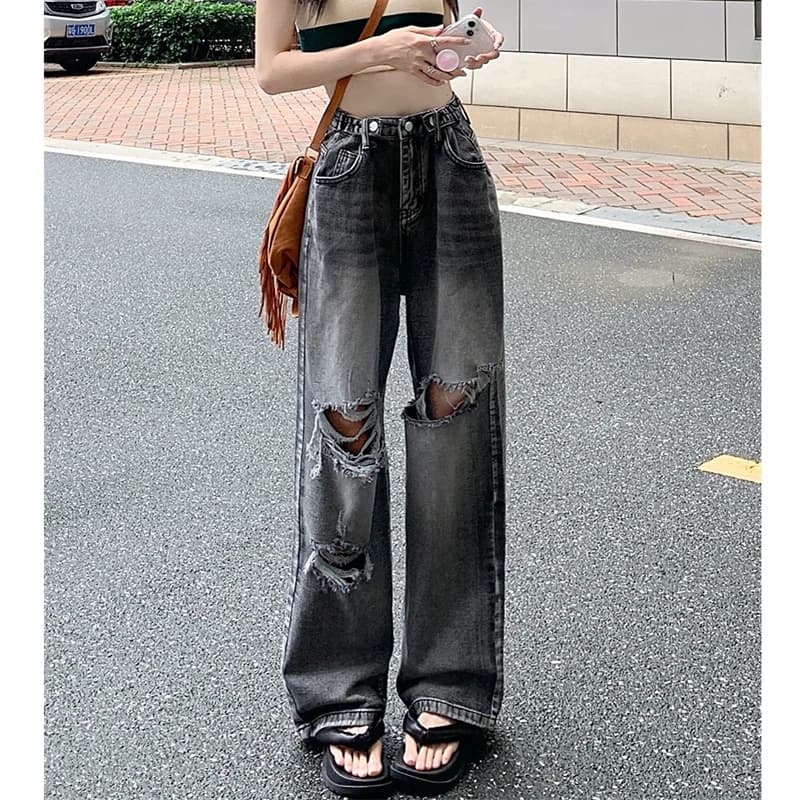 High Waist Wide Leg Jeans Women's Loose Fit Ripped Straight Cut Denim Pants plus Size Street Style Summer Trend Dark Wash