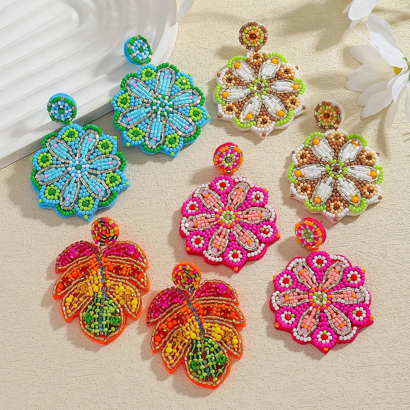 Colorful beads Flower maple leaves Pendant earrings Woman Bohemian Handmade beads Autumn vegetable jewelry Elegant earrings with pendants