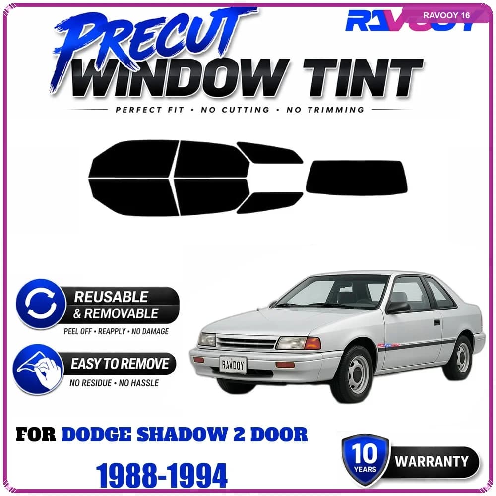 RAVOOY Precut Window Tint, Reusable Removable EPU Film, Custom Fit for Dodge Shadow 2 Door 1988-1994, UV Heat Protection