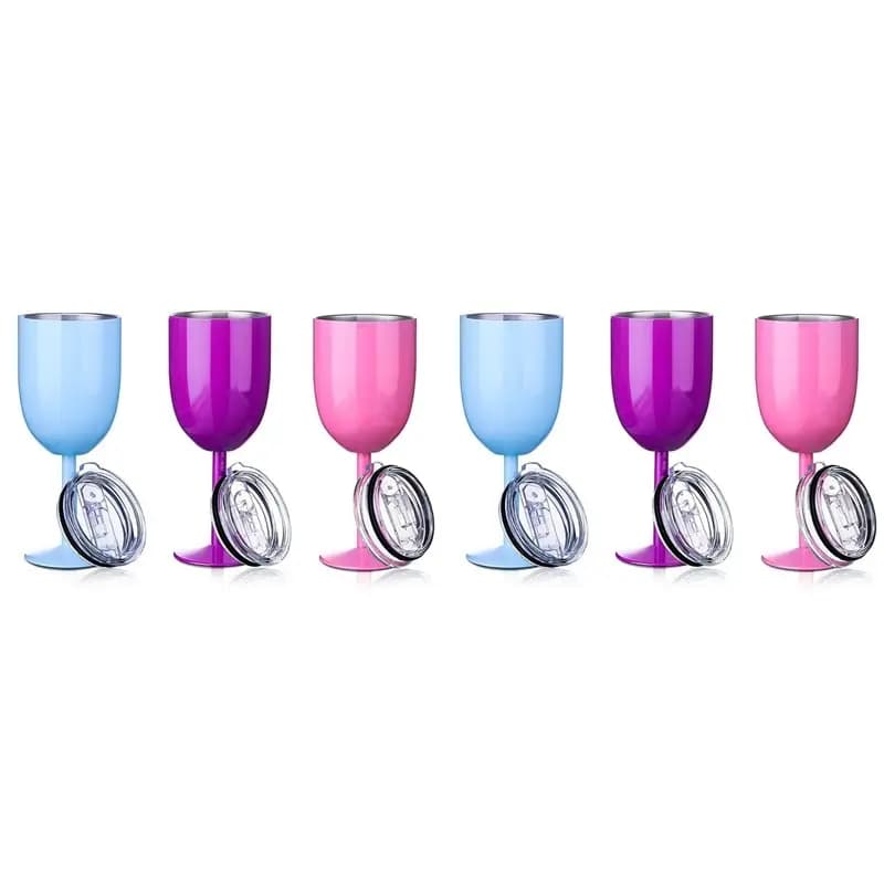 【THANKSGIVING DAY】6X Stemmed Stainless Steel Wine Glasses With Lid Double Wall Insulated Wine Tumbler Goblets Wine Glasses(No St
