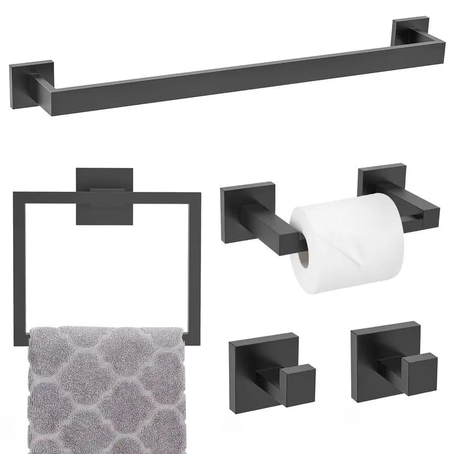 Set di Accessori per Bagno in Acciaio Inox SUS304, 5 Pezzi, Portasciugamani Moderno Nero Opaco da 23,6 Pollici
