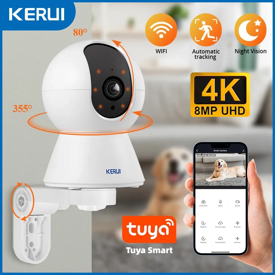 KERUI 4K 8MP Tuya Smart Mini WiFi IP Camera Auto Tracking Video Sorveglianza di sicurezza domestica Gatti Animali domestici Telecamera per cani Baby Monitor