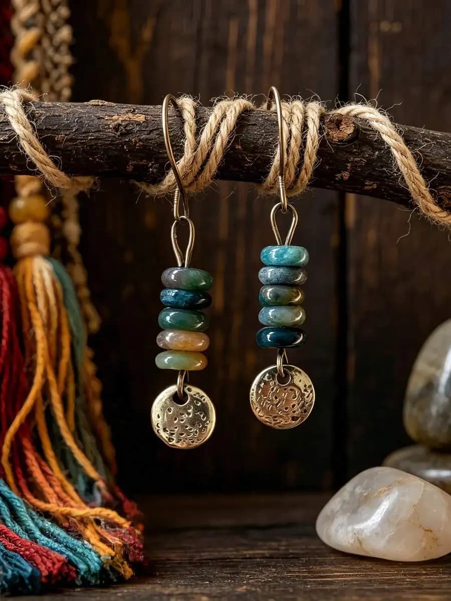 1pair Handmade Distressed Disc & Beaded Earrings, Vintage Creative Mini Stone Bead Earrings For Women