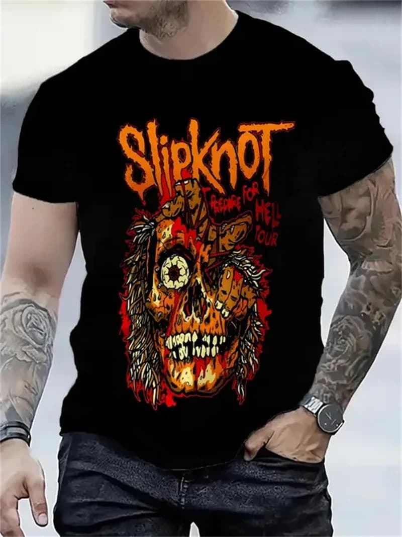 T-shirt Nera da Uomo con Stampa Teschio Slipknot, Girocollo, Manica Corta, Stile Punk Rock Streetwear