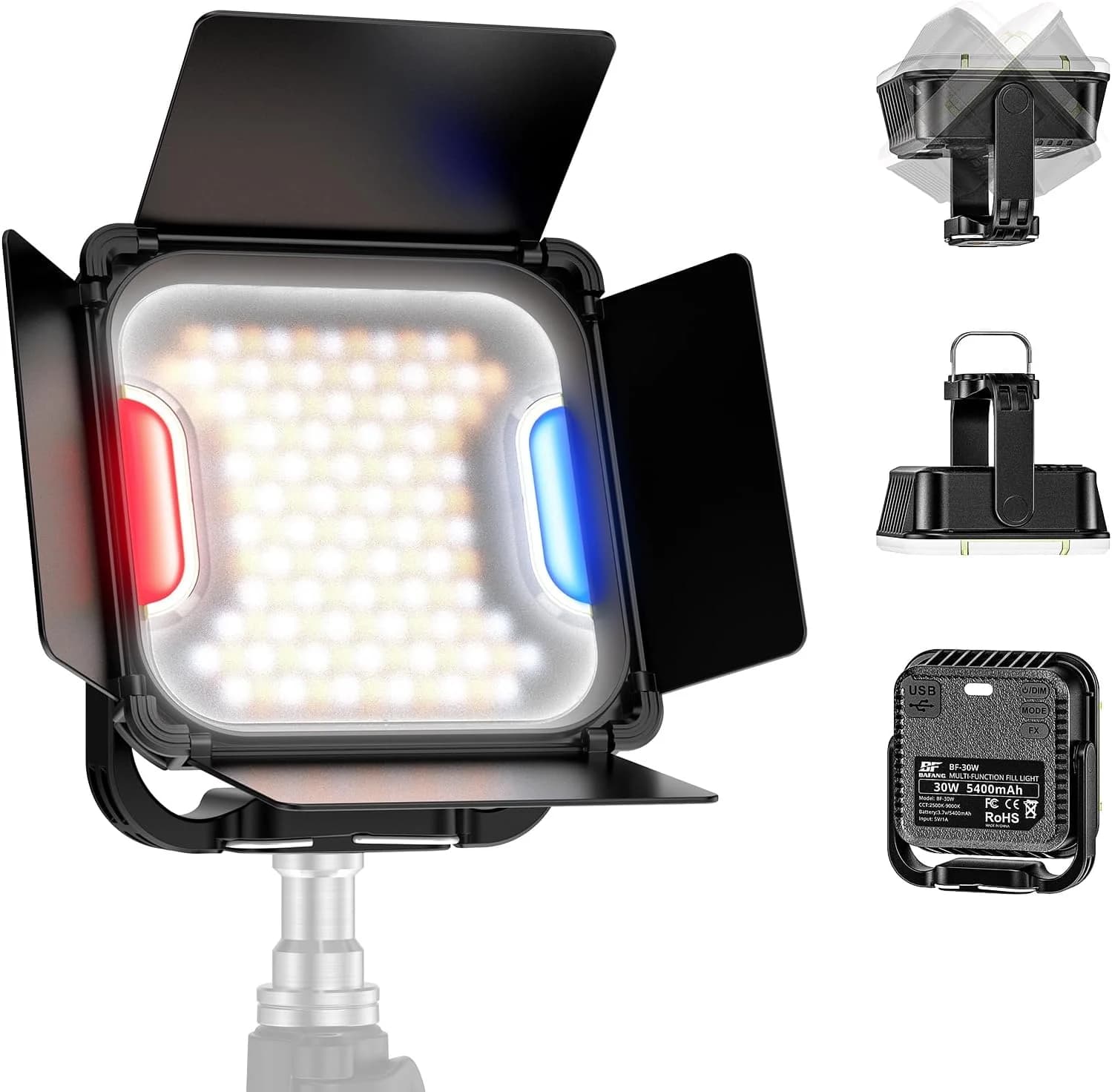 Luce LED da 30W per Video, Lanterna Portatile da Campeggio e Luce di Emergenza, Ricaricabile da 5400mAh con Base Magnetica e Alette Orientabili