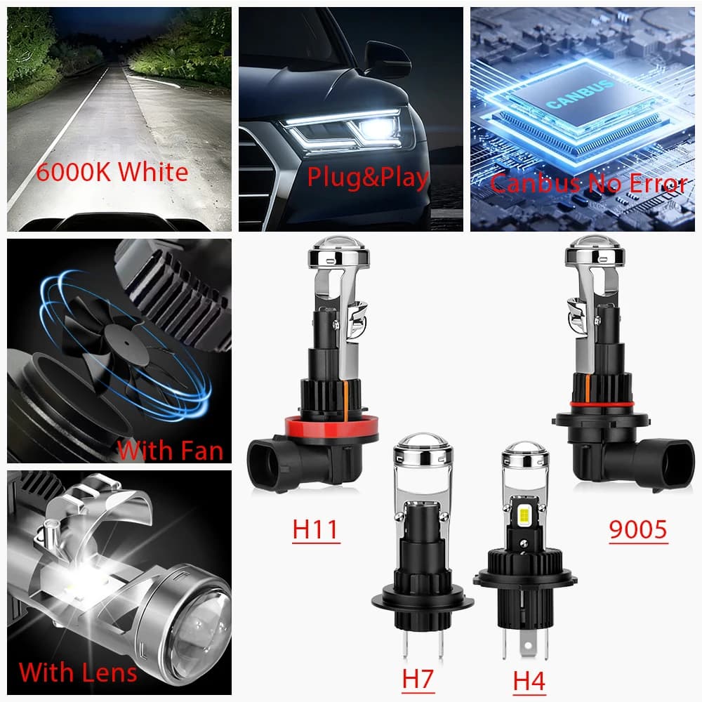 2 Pezzi LED H4 H7 Proiettore Mini Lente Faro H11 9005 HB3 Lampadine Abbaglianti/Anabbaglianti 100W Lente 6000K Luce Fendinebbia Bianca con Ventola di Raffreddamento