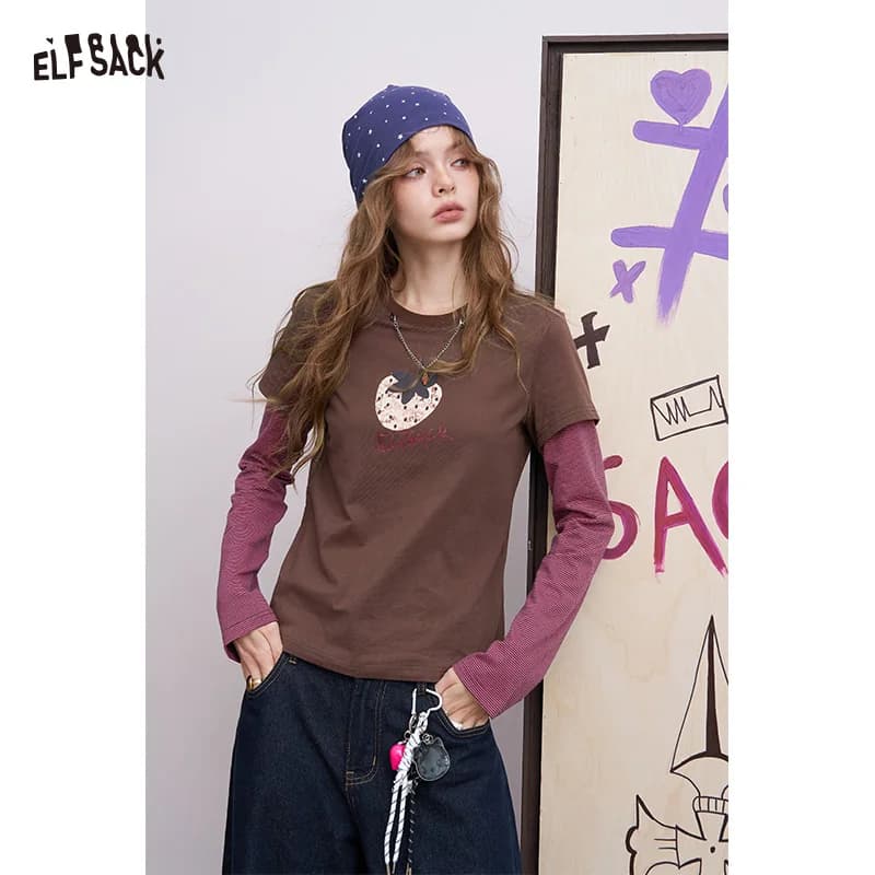 ELFSACK 2025 Autunno Nuovo Arrivo Y2K Cool Fruit Print Patchwork Fit T-shirt a maniche lunghe per donna