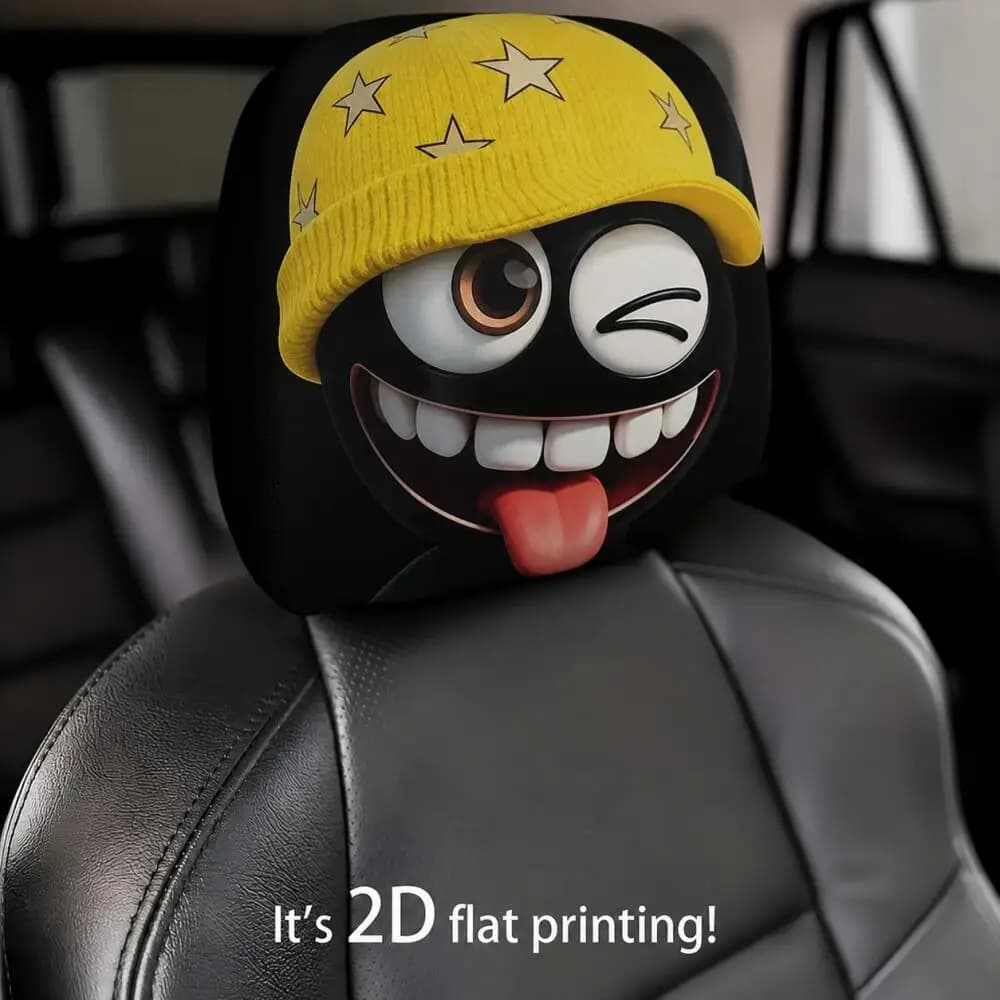 1Pc Cute Black Coal Ball Car Headrest Cover, Pink Pom-pom Earflap Beanie & Grinning Face, 2D Printed Elastic Universal Fit
