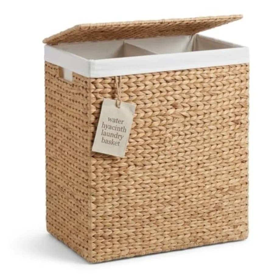 ™ Cesto portabiancheria decorativo in giacinto d'acqua naturale a 2 sezioni con coperchio e sacchi interni rimovibili, cesto portabiancheria in vimini intrecciato a mano