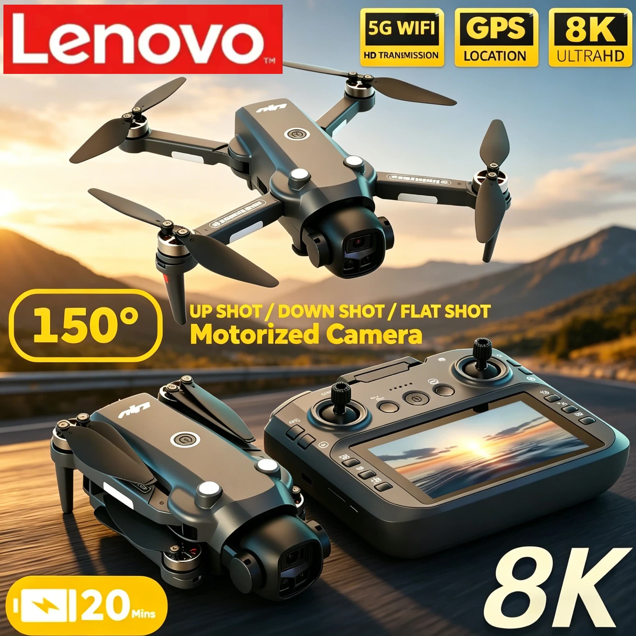 Drone Lenovo Professional V988 con Doppia Fotocamera 8K HD, Telecomando con Ampio Schermo, WIFI 5G FPV, Quadricottero Pieghevole RC