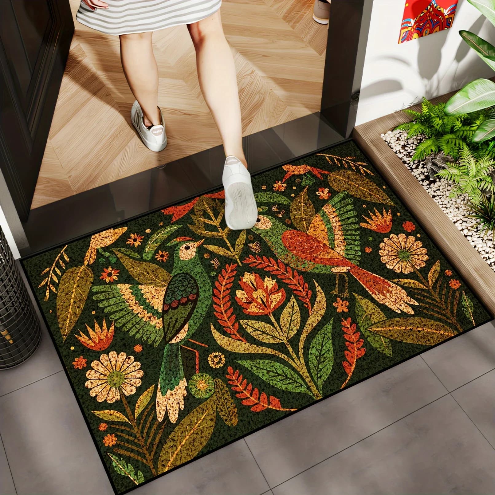 Tropical Birds & Plants Print Flannel Rug Non-Slip Absorbent Nature Style Entrance Mat for Front Door Kitchen Home Decor