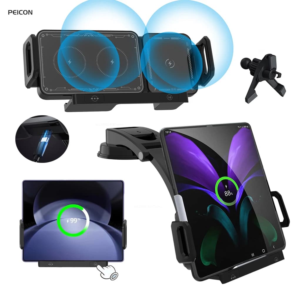 Caricabatterie wireless per auto con supporto per telefono a doppia bobina Caricatore a induzione per auto Morsetto automatico Ricarica rapida per Samsung Galaxy Z Fold Flip
