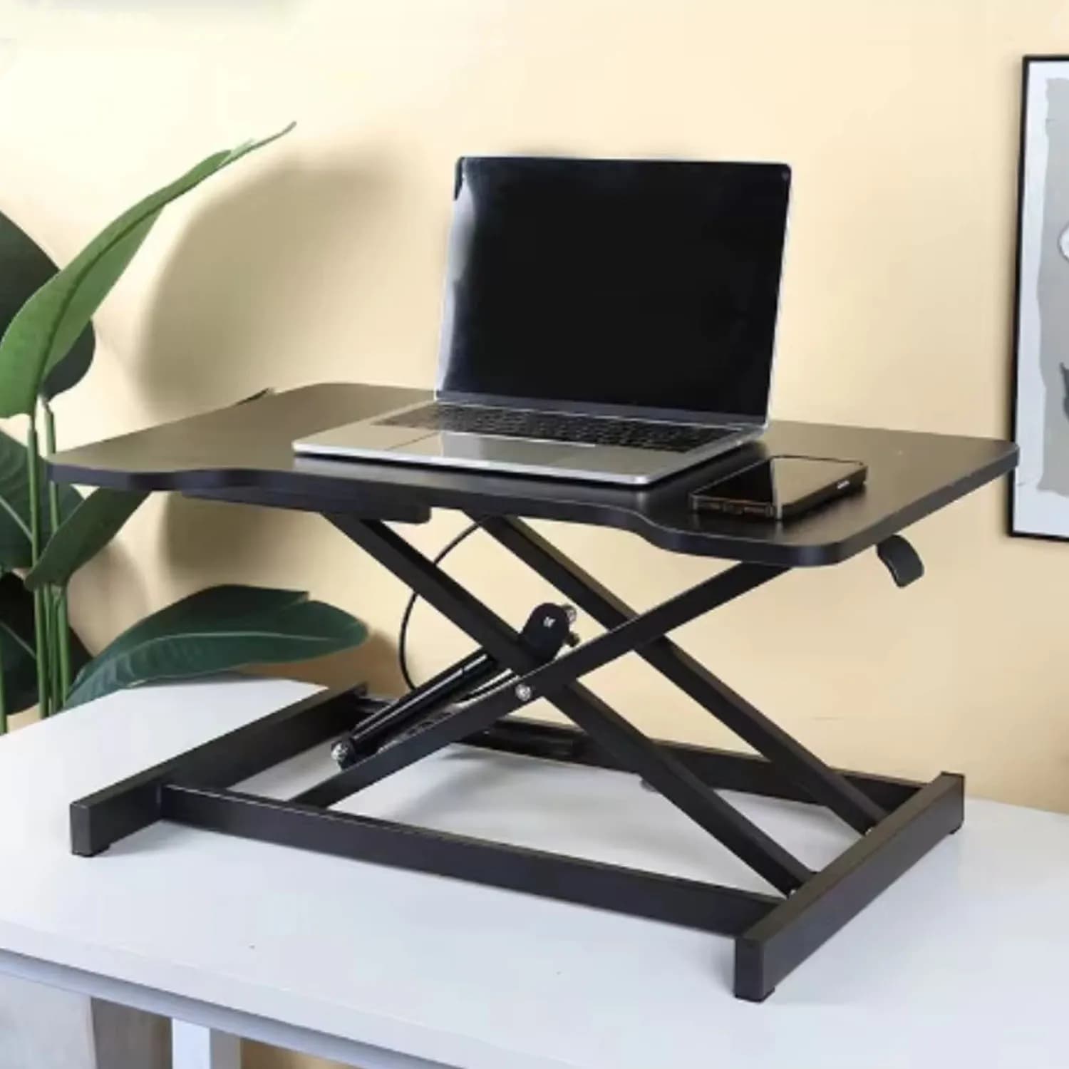 Ultra-thin desk riser with adjustable upper height, compact table converter with monitor or laptop support