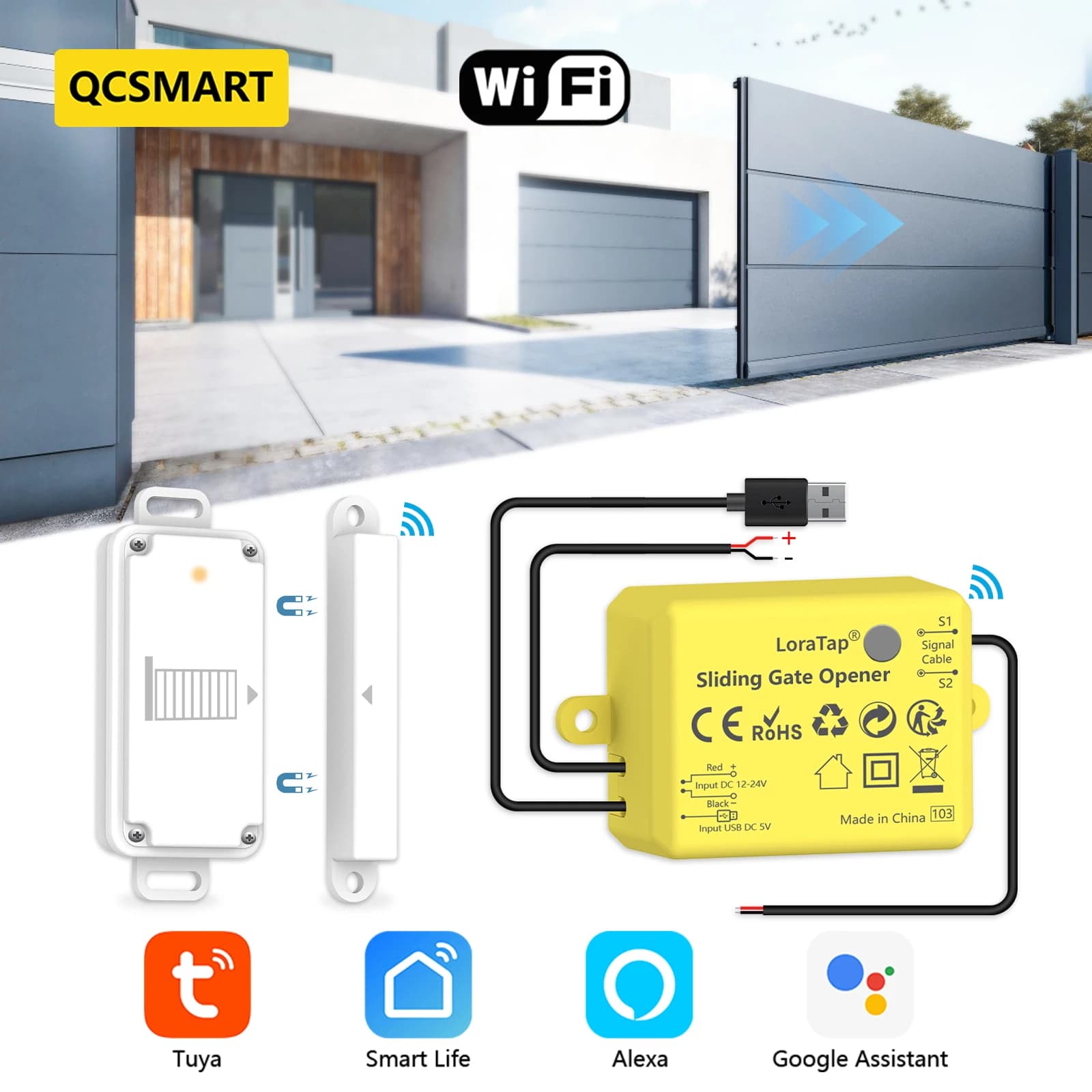 QCSMART Controller per apricancello scorrevole IP65 Sensore porta impermeabile Carica USB Funziona con Tuya Smart Life Google Home Alexa