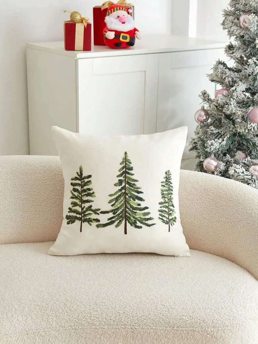 Green Pine Tree Embroidered Decorative Pillow Cover For Living Room Sofa