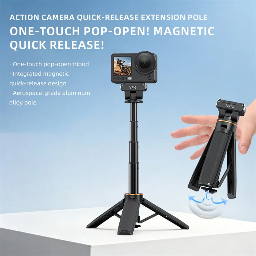 VRIG AC-110 Magnetic Quick Release Selfie Stick Tripod for DJI Action 6/5 Pro/4/GoPro One-Button Open Handle Mini Tripod Stand