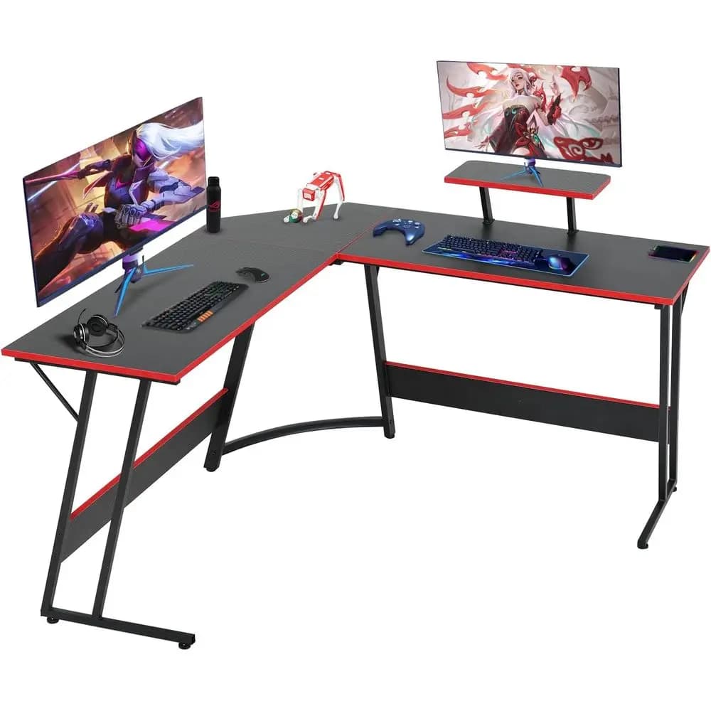 Black L-Shaped Gaming Desk with Large Monitor Stand and Carbon Fiber Surface for Home Office and Study