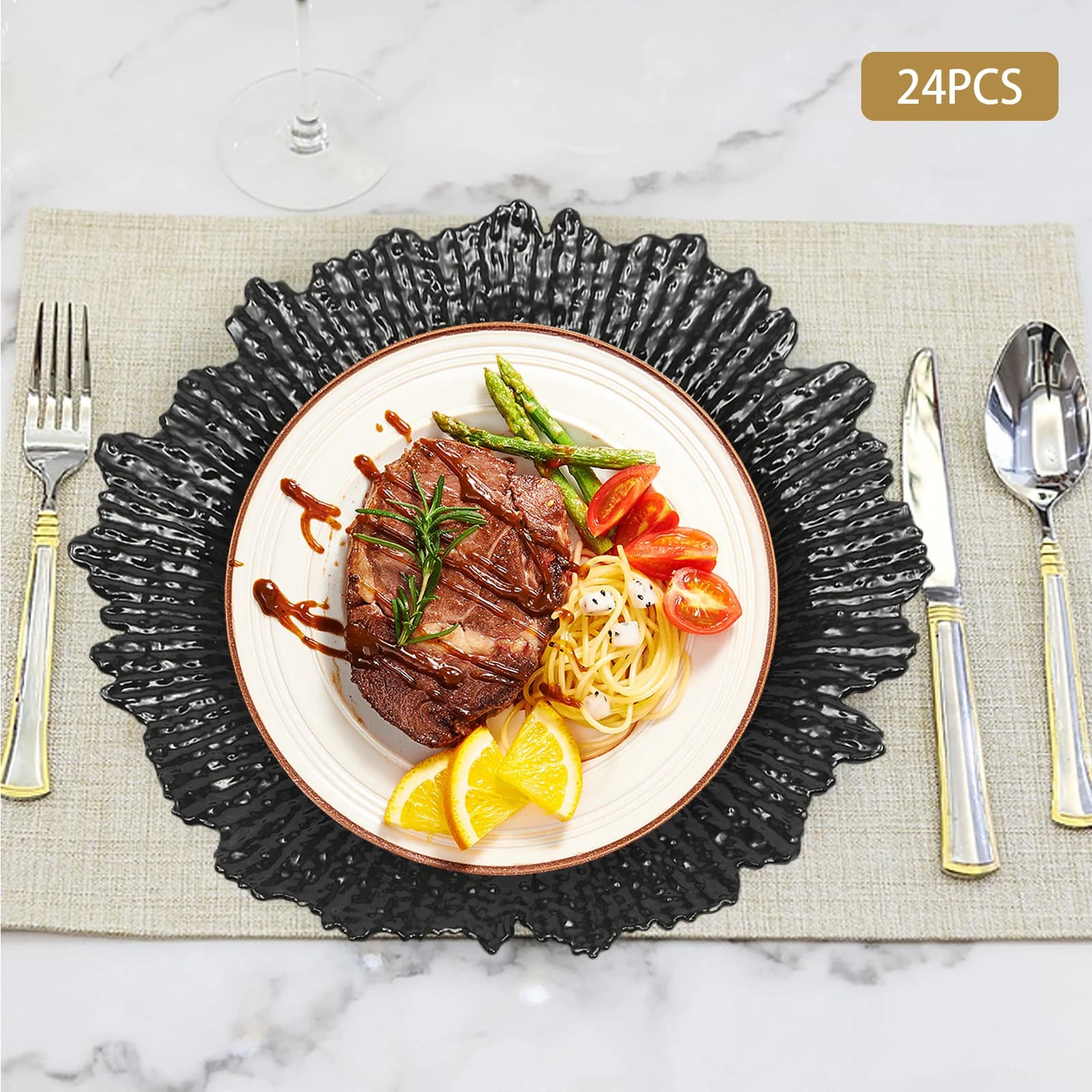 12.6 Inch Black Plastic Charger Plates - 24-Piece Set, Coral Reef Pattern, Stackable for Weddings, Parties & Dinners