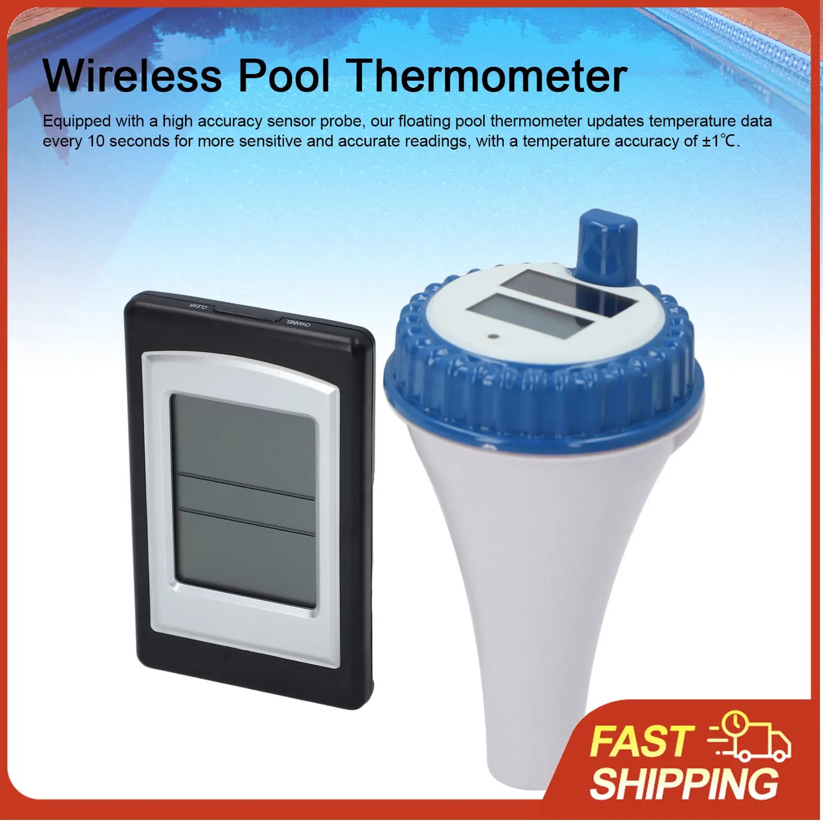 Wireless Pool Thermometer with Indoor Outdoor Display 433MHz RF Transmission for Swimming Pool Spa Water Temperature Monitoring