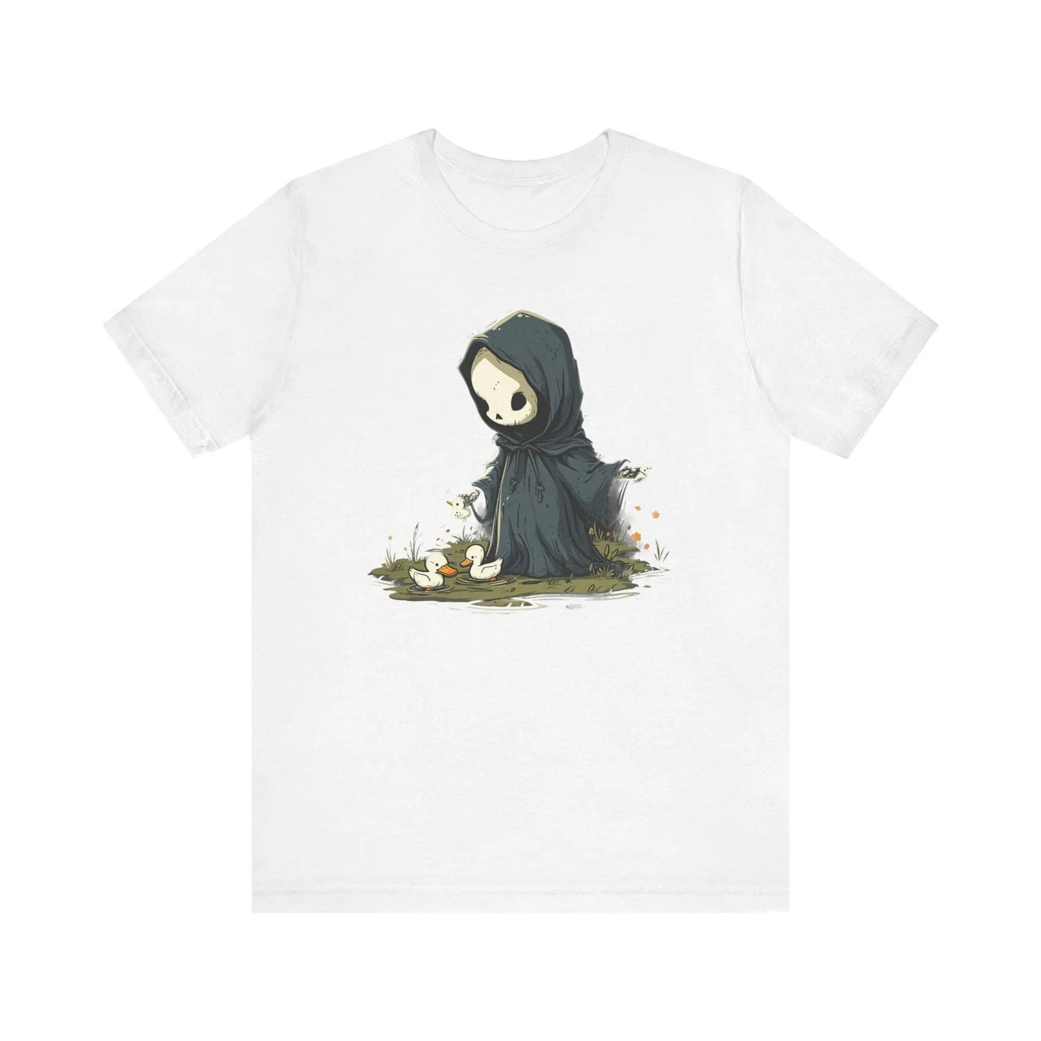 Cute Grim Reaper Feeding Ducks Kawaii Chibi Grim Reaper Duck Pond Bella Canvas 3001 T shirt
