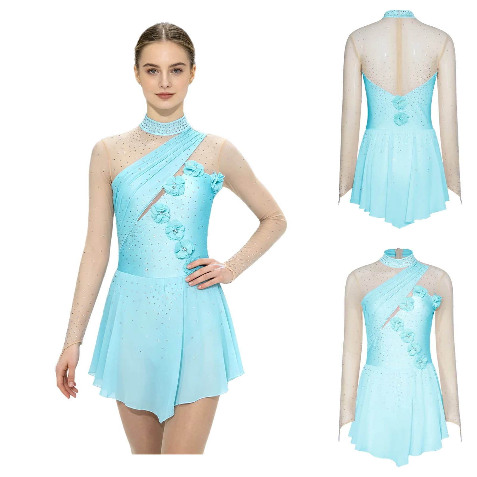 Abito da Pattinaggio Artistico Color Block per Donne, con Applicazioni Floreali 3D, Strass, Rete e Chiffon, Body da Ginnastica, Abbigliamento da Danza Classica
