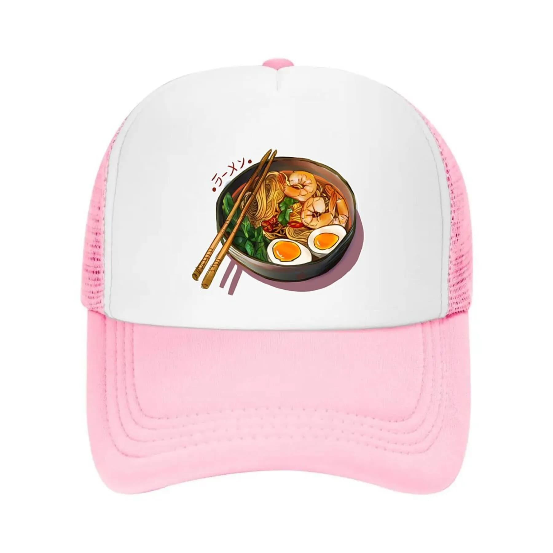 Ramen Shrimp Bowl Graphic Trucker Hat Pink Mesh Adjustable Baseball Cap for Unisex Outdoor Casual Wear