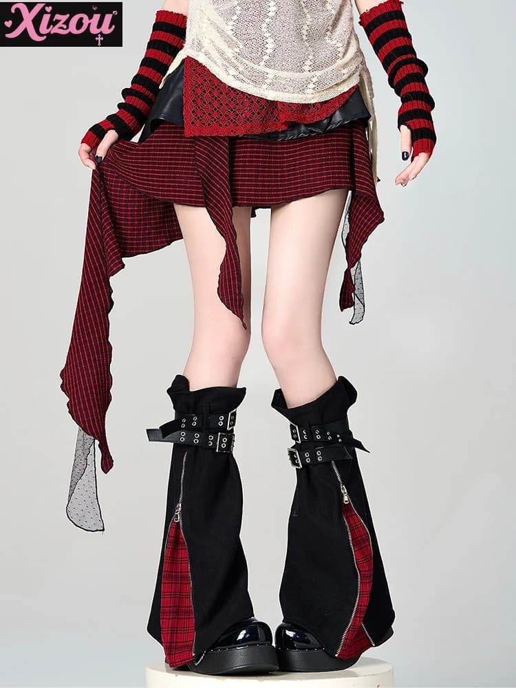 Sottocultura giapponese Ragazze nere e rosse Calzini a gamba larga Y2k Design con cerniera Jk Uniforme in pile Denim Rock Punk Cintura Coprigambe da donna