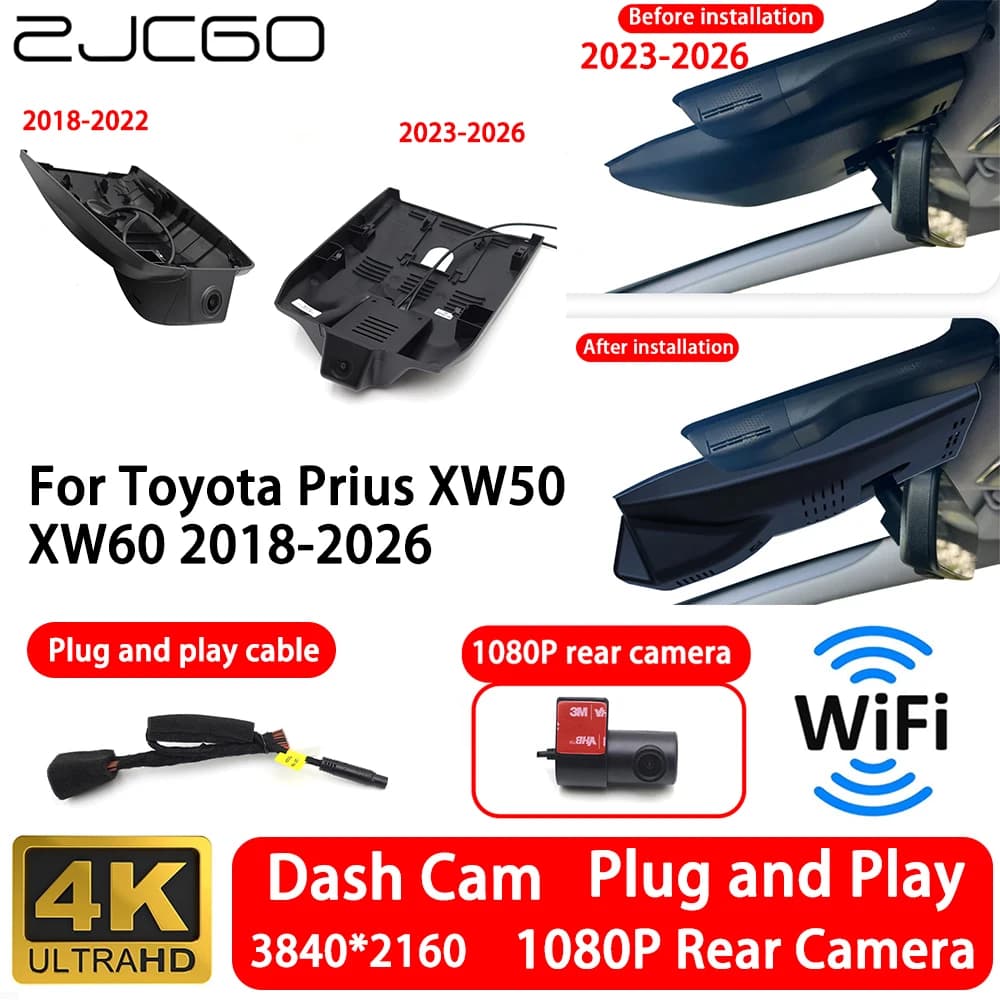 Telecamera Anteriore e Posteriore 4K 2160P per Toyota Prius XW50 XW60 2018-2026, Dash Cam WiFi Plug and Play, Registrazione Video in Loop