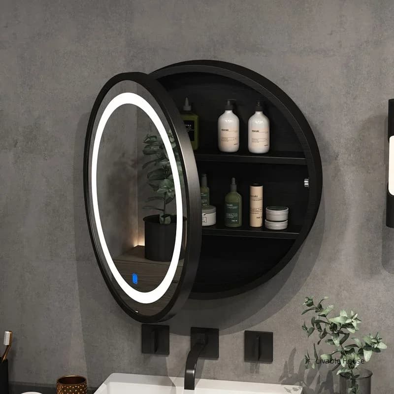 Specchio da Bagno LED Ovale in Legno Massello con Armadietto Portaoggetti, Montaggio a Parete, Specchio Rotondo con Illuminazione