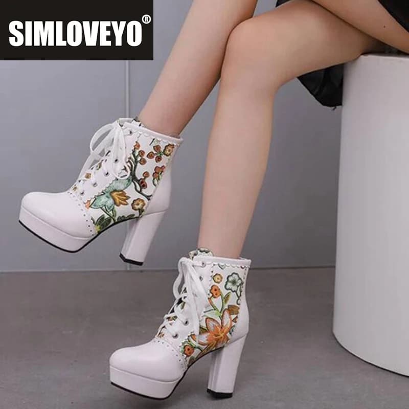SIMLOVEYO 2025 New Women Ankle Boots Round Toe Square Heel 9.5cm Platform 2.5cm Lace Up Flower Mixed Color 46 47 48 Dating Booty