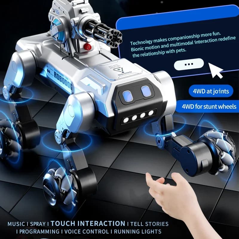Cane Robot Intelligente 8WD, Controllo Vocale e Interazione Tattile, Azioni Programmabili, Torretta con Perle d'Acqua, Musica e Nebulizzazione, per Bambini
