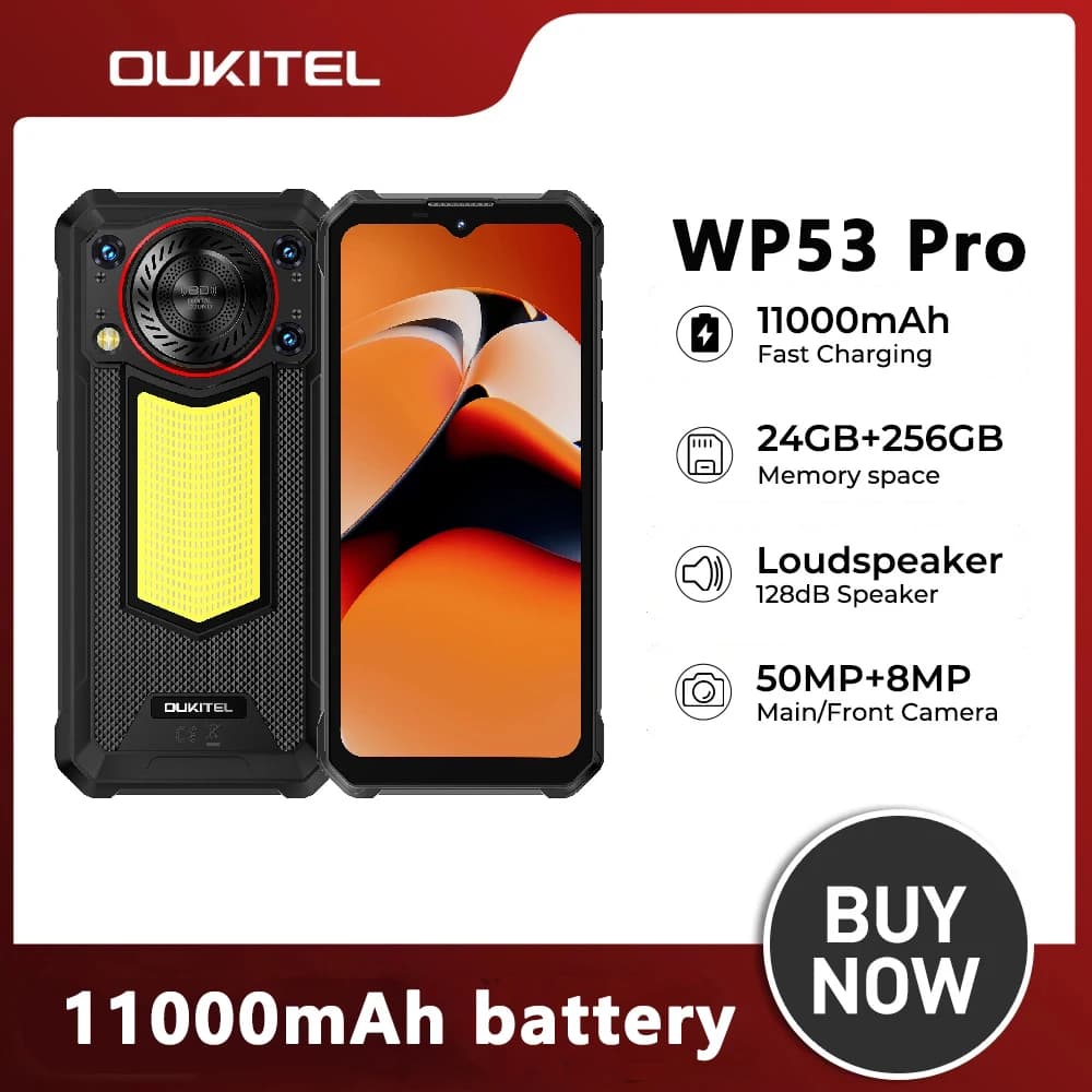 OUKITEL 4G Smartphone robusto 6.52 "24GB + 256GB WP53 PRO 11000mAh 18W Android 15 NFC 50MP 128dB Altoparlante 36mm Cellulare