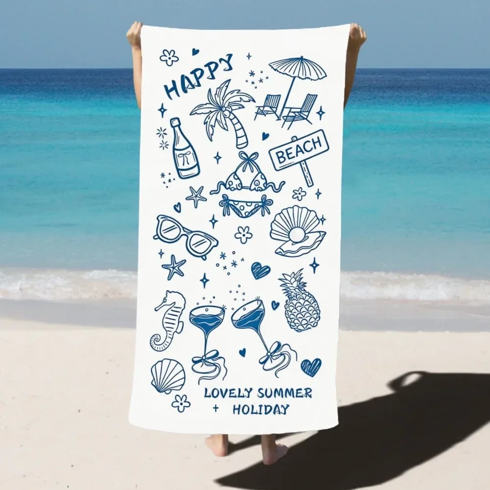 Asciugamano estivo da spiaggia e piscina, design stampato con conchiglie e stelle marine, tessuto assorbente, morbido, leggero e ad asciugatura rapida per vacanze e viaggi