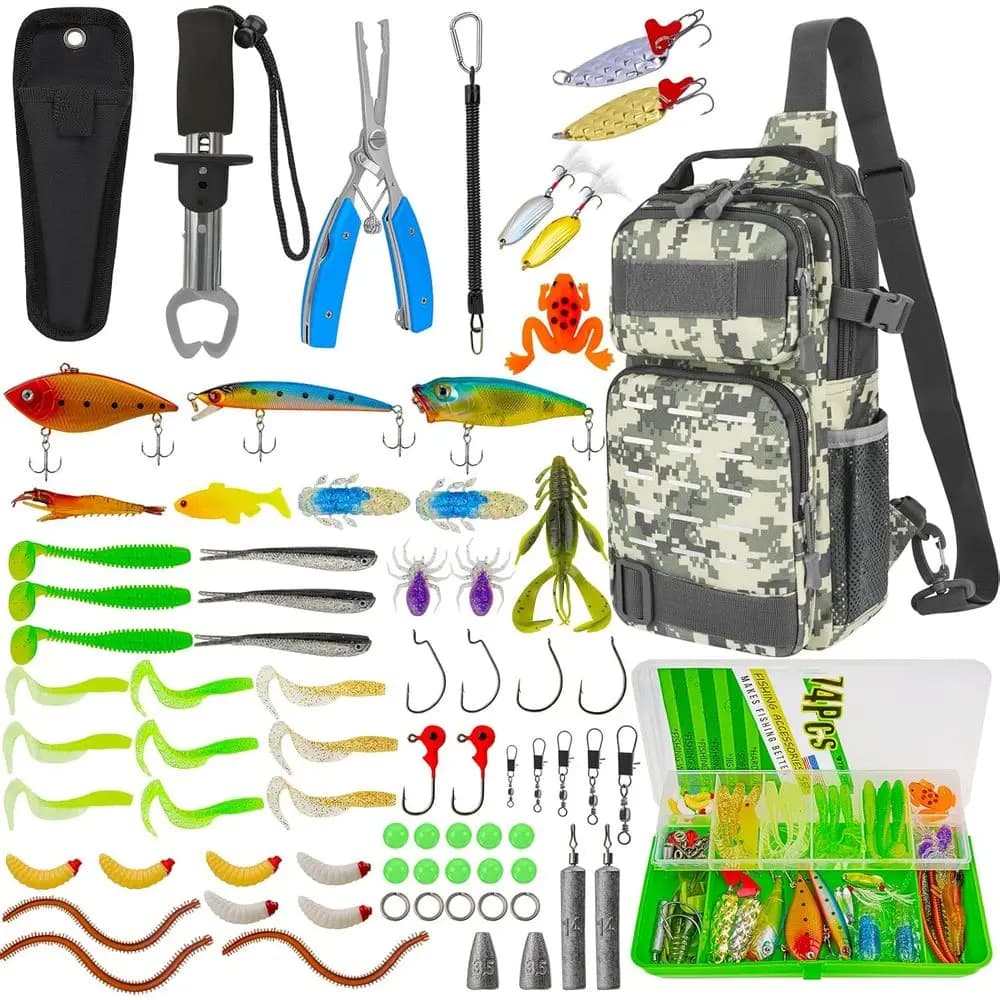 79-piece all-inclusive fishing kit: backpack with box for equipment, pliers, baits, baits and removal of hooks
