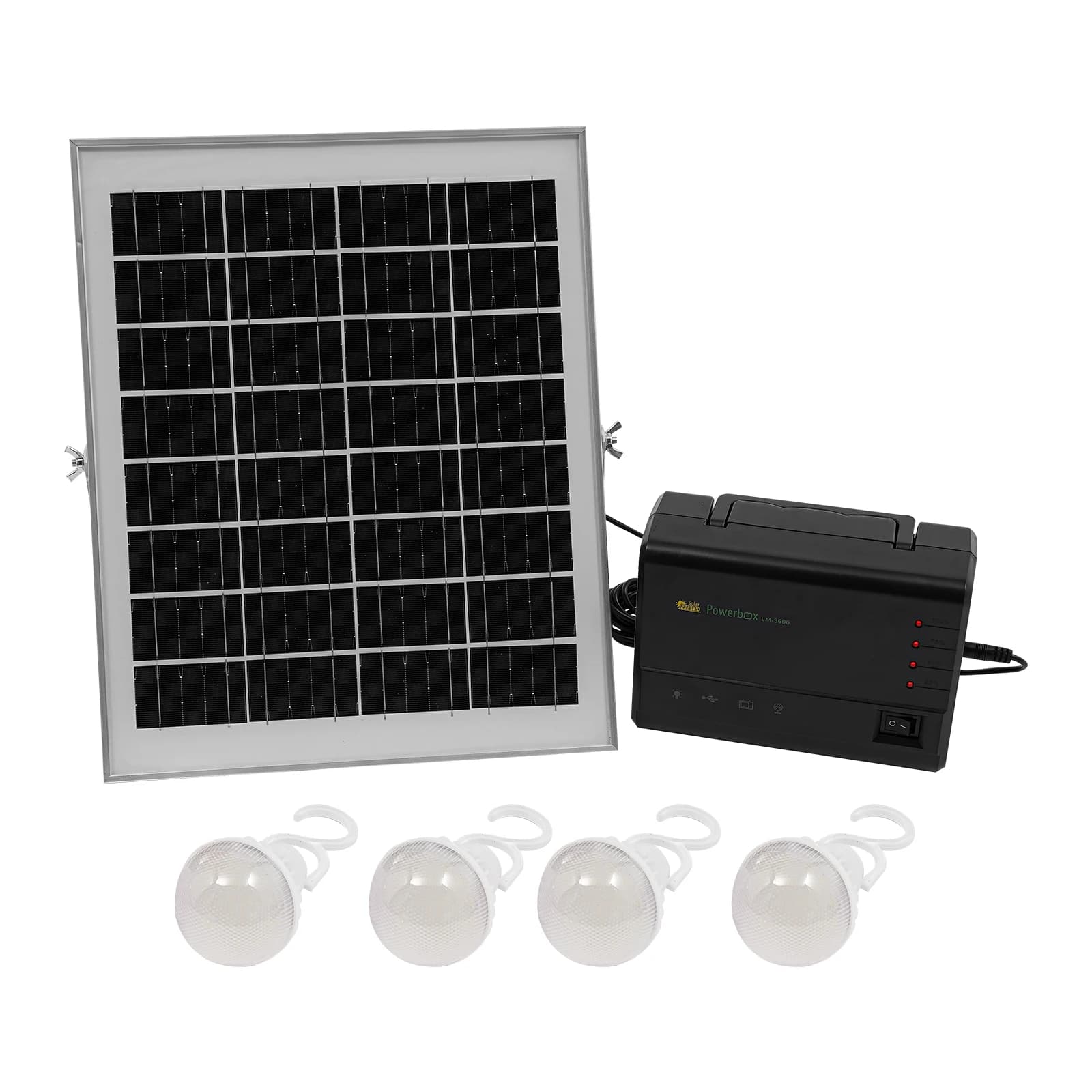 Inverter Solare 15W con 4 Lampadine LED, Batteria 12V e Pannello IP65, Luce d'Emergenza Portatile per Campeggio, Ricarica Telefono