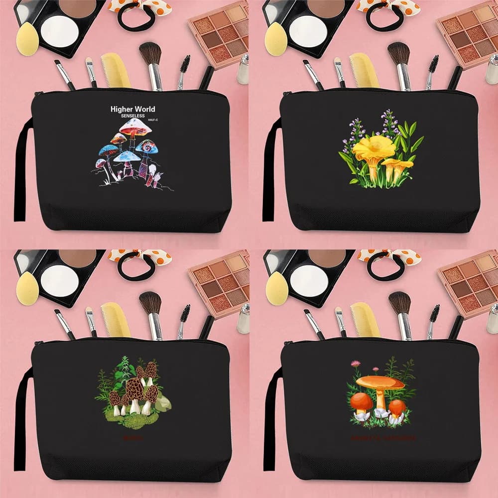 Borsa porta pennelli trucco da donna alla moda, portamonete in tela con stampa motivo fungo, portatile, stile Harajuku, nera