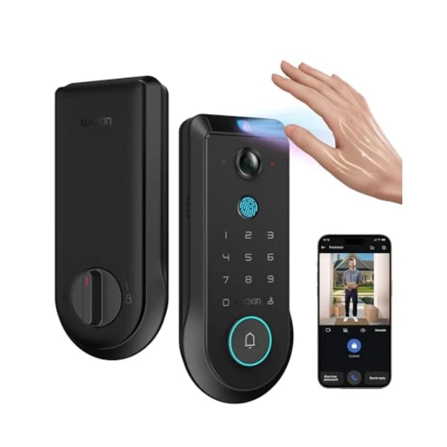 Front door smart lock with 2K 180 security camera video doorbell, aluminum alloy body, matte black finish, AI local storage and