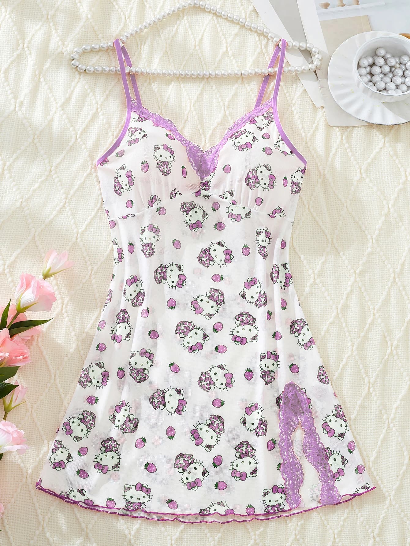 Sanrio Hello Kitty Nightdress For Women V-Neck Contrast Lace Side Slit Purple Cute Digital Printing Suspender Lingerie Dress Lin